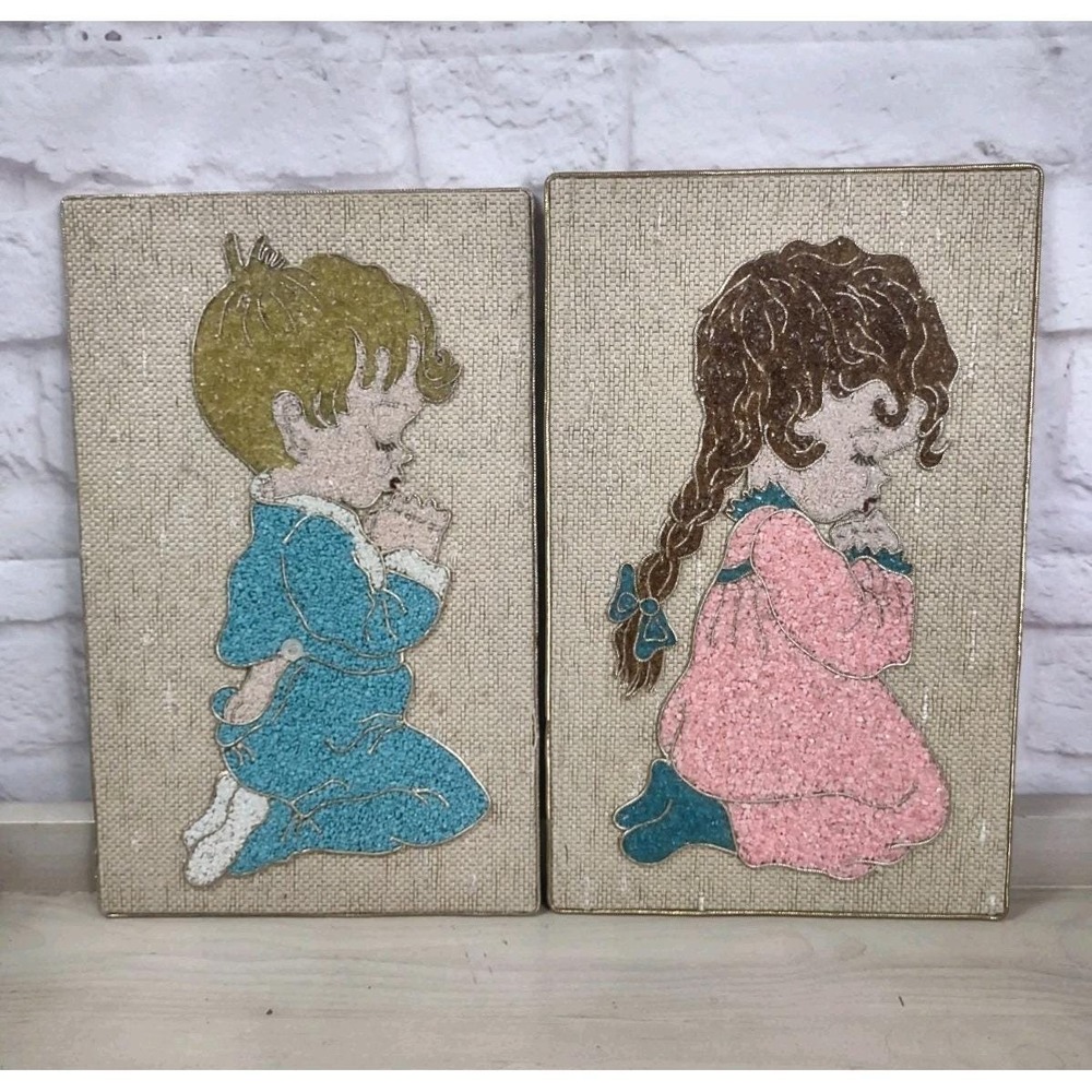 Vtg 1960s Pair of MCM Kneeling Praying Children Boy Girl Gravel Art Pictures